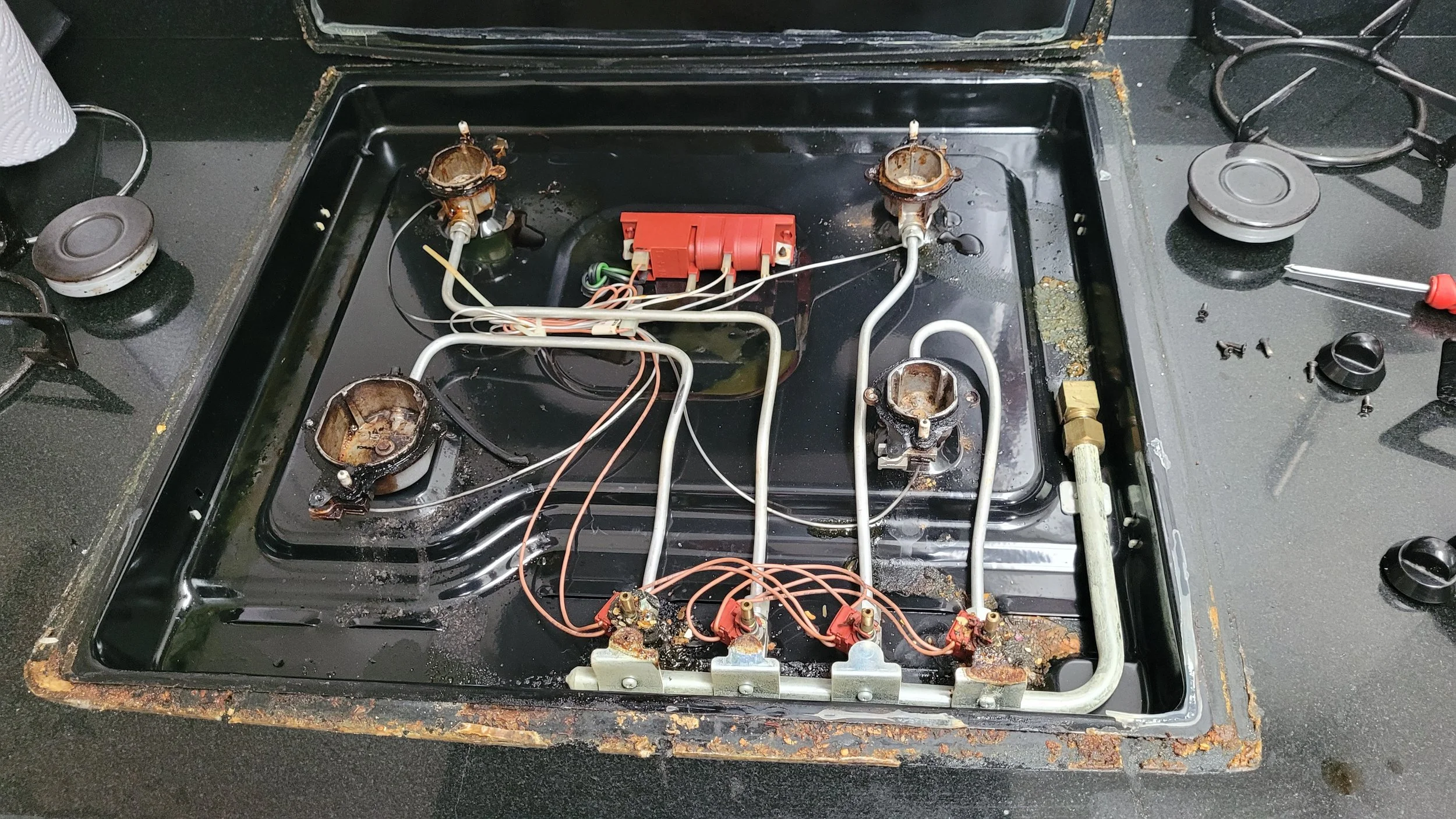 Interior de una estufa eléctrica con componentes desmontados y señales de óxido y suciedad, incluyendo resistentes al calor, cables y elementos de calefacción.