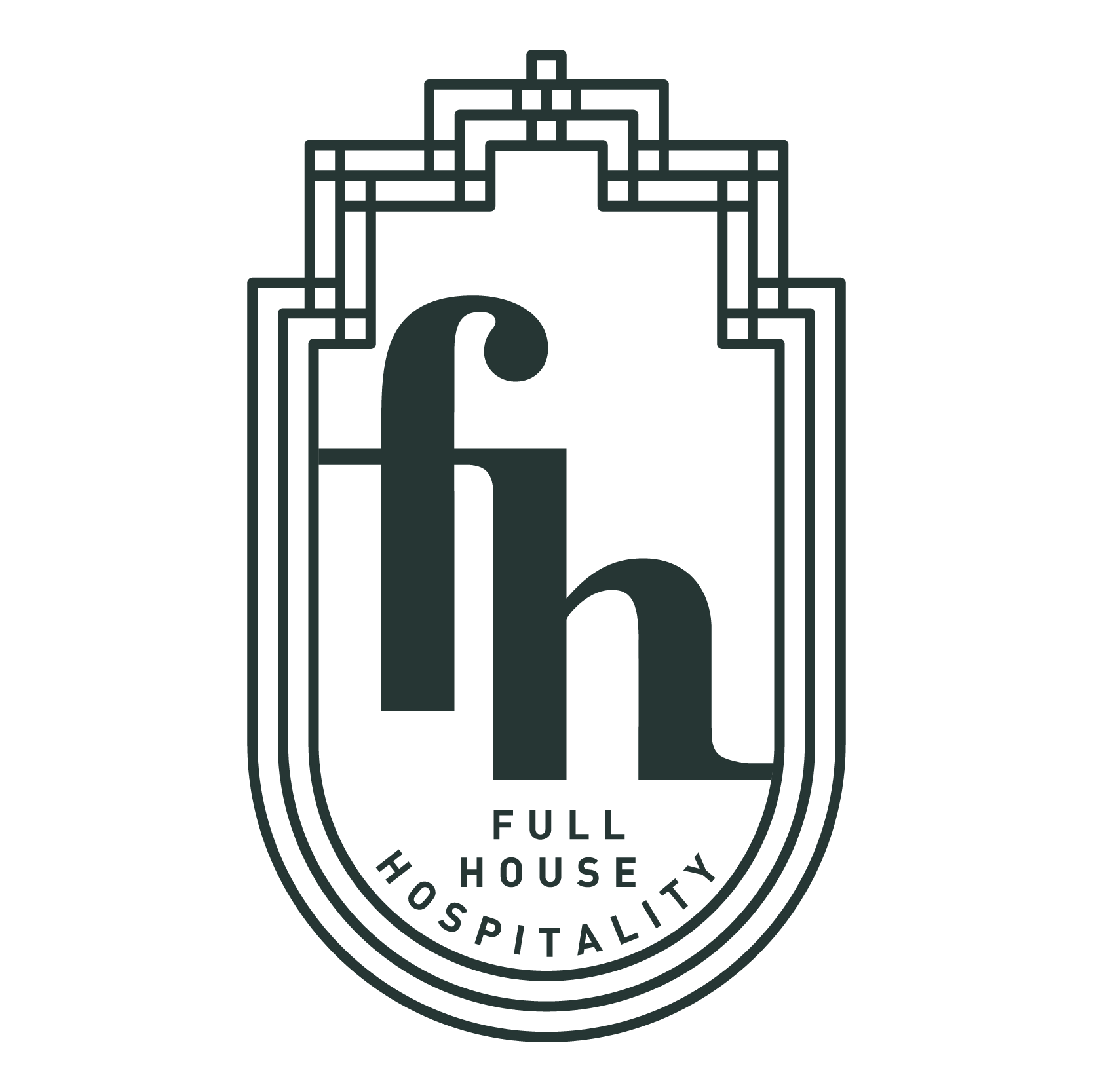 Logo for Full House Hospitality featuring large initials 'f' and 'h' with decorative border, and the words 'FULL HOUSE HOSPITALITY' at the bottom.
