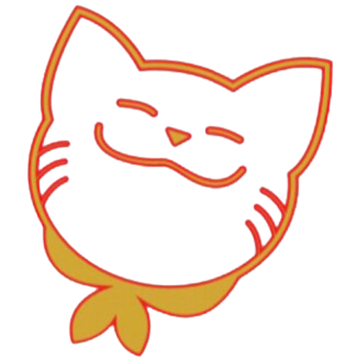 A neon-style illustration of a smiling cat with closed eyes and pointy ears, outlined in red and yellow.