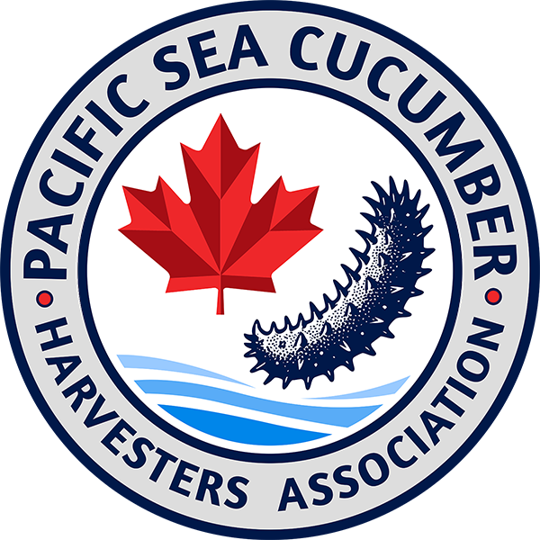 Logo of the Pacific Sea Cucumber Harvesters Association featuring a red maple leaf, a sea cucumber, and water waves.