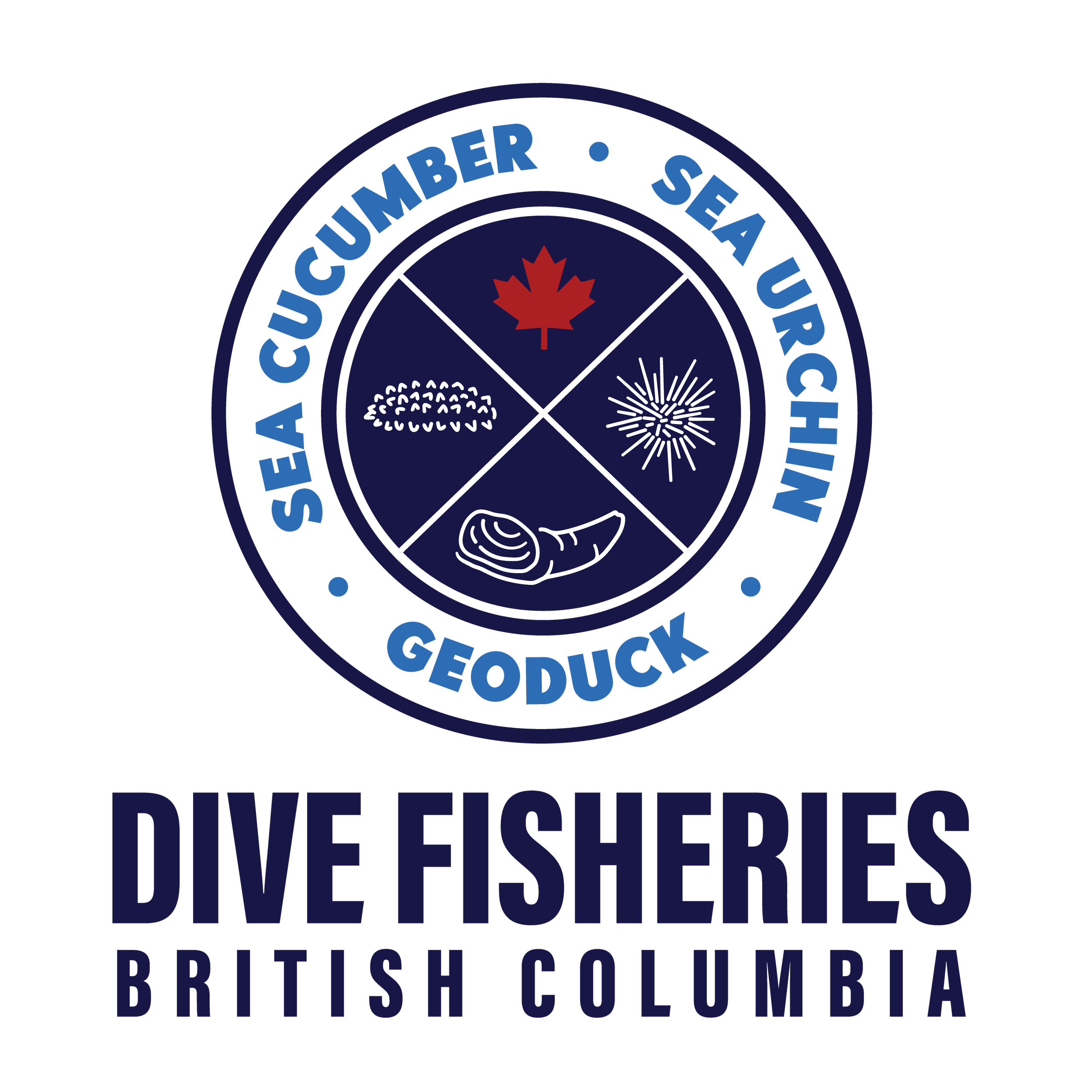 Logo for Sea Acucumber Sea Urchin Geoduck Dive Fisheries British Columbia, featuring a maple leaf, sea cucumber, sea urchin, and geoduck shell icons.