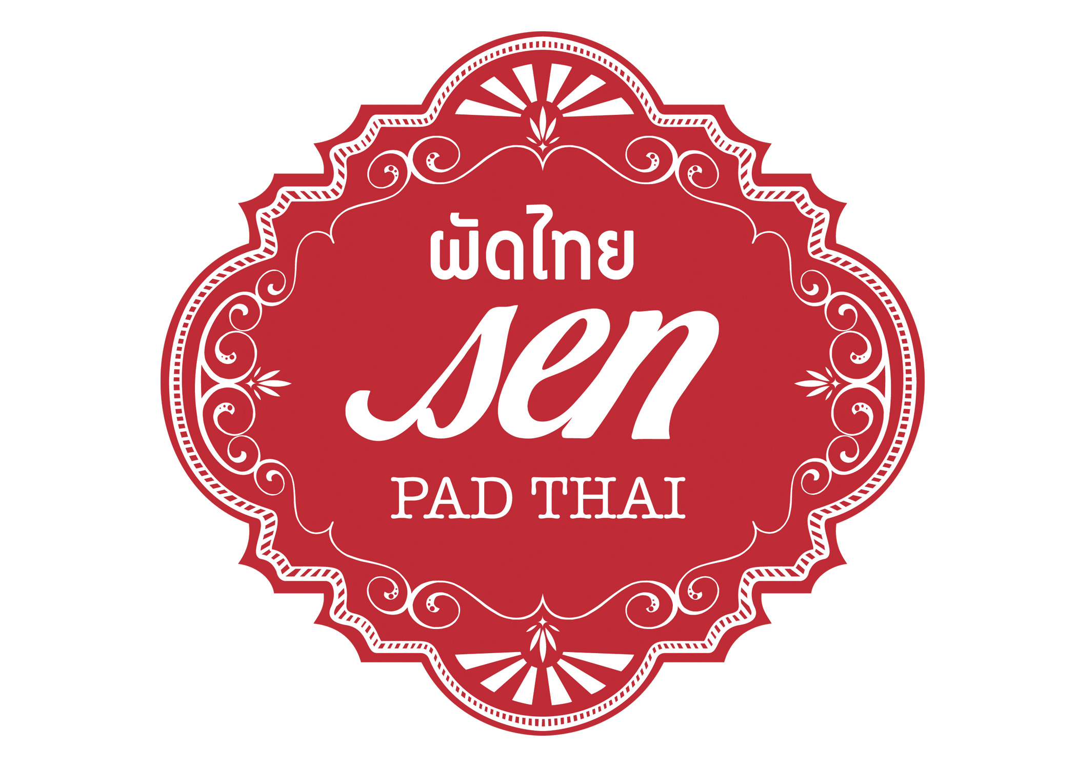 Red decorative sign with Thai script and the word 'Sen' in English, indicating a Pad Thai dish.