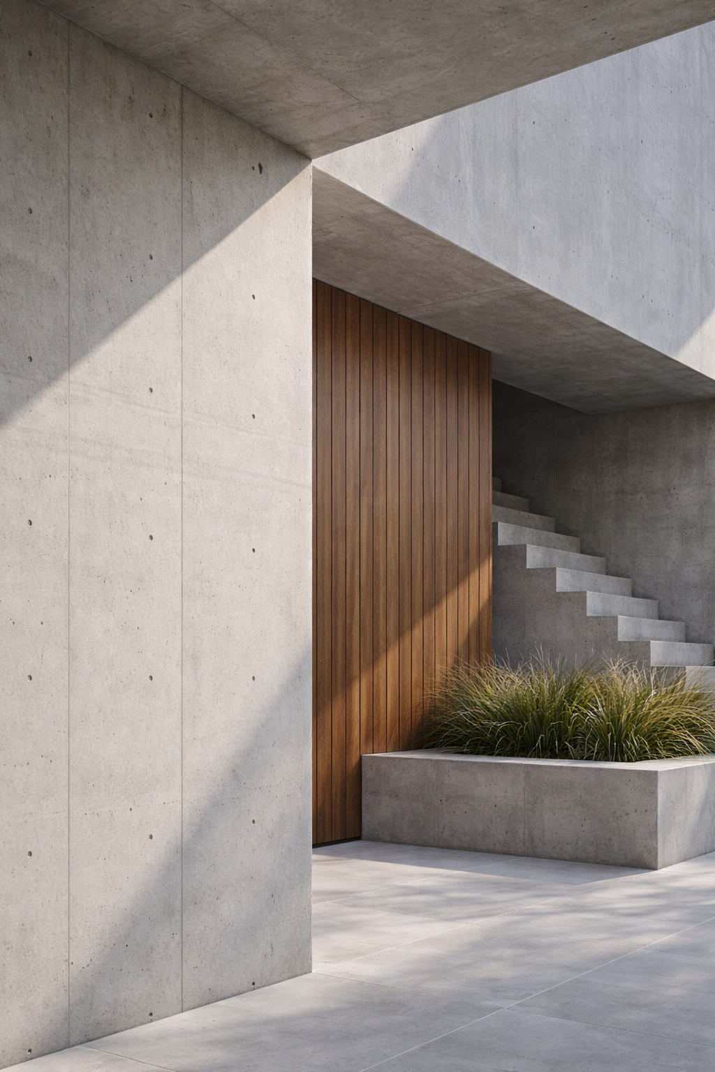 Modern building exterior with concrete walls, wooden paneling, concrete staircase, and a planter with ornamental grass.