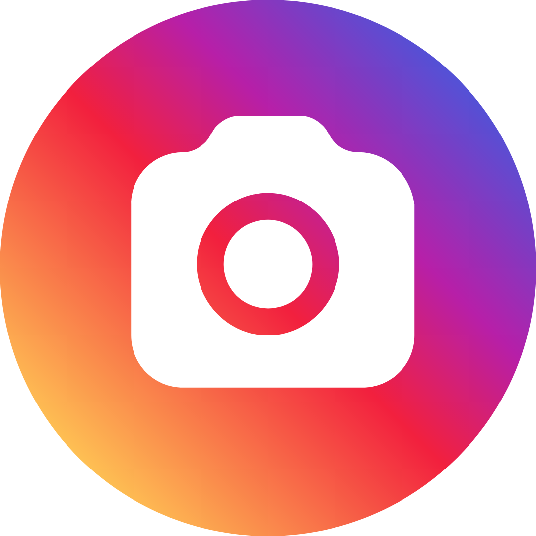 Instagram app icon with a white camera silhouette on a colorful gradient background of purple, pink, orange, and yellow.