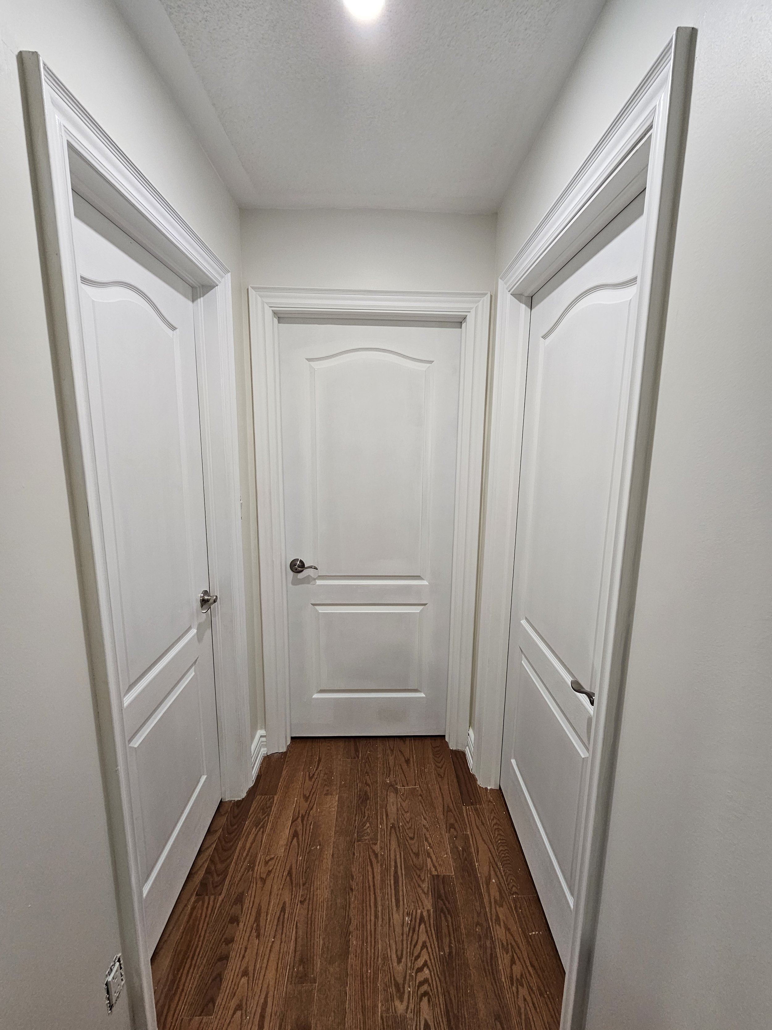 A hallway with three closed white doors and dark wood flooring.