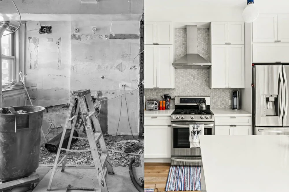 Side-by-side comparison of a kitchen undergoing renovation, with the left side showing a construction site with exposed walls and tools, and the right side showing a finished, modern white kitchen with appliances and decor.