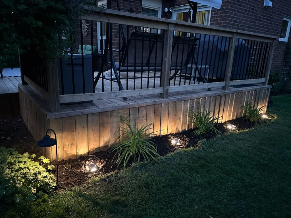 A backyard deck illuminated by ground lights, with plants in front and a grassy lawn.