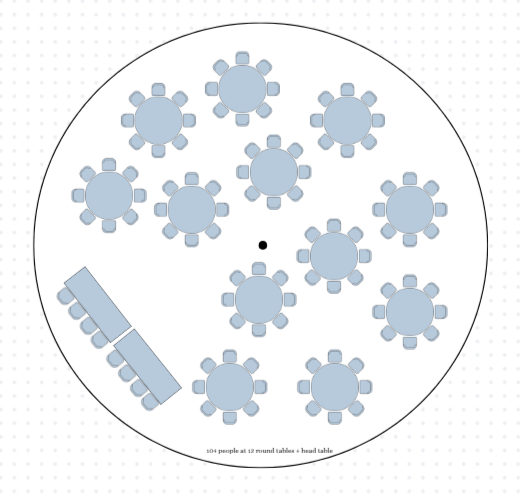 A round tent setup with 12 round tables, each surrounded by 8 chairs.