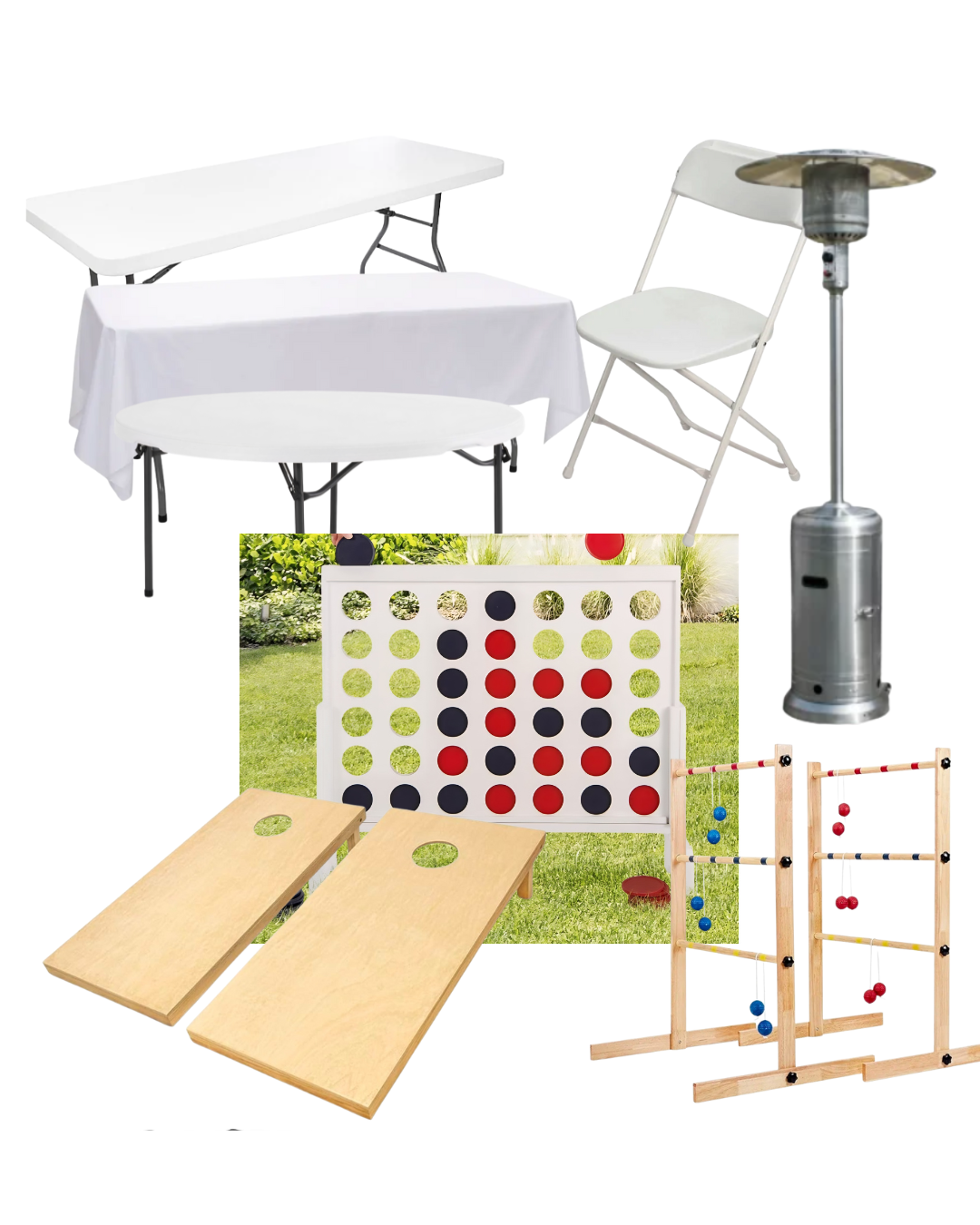 Collection of outdoor games and furniture, including a large white folding table, a white folding chair, patio heater, a Connect Four game with large pieces, a cornhole set with wooden boards, and a wooden ladder throw game with red and blue balls.
