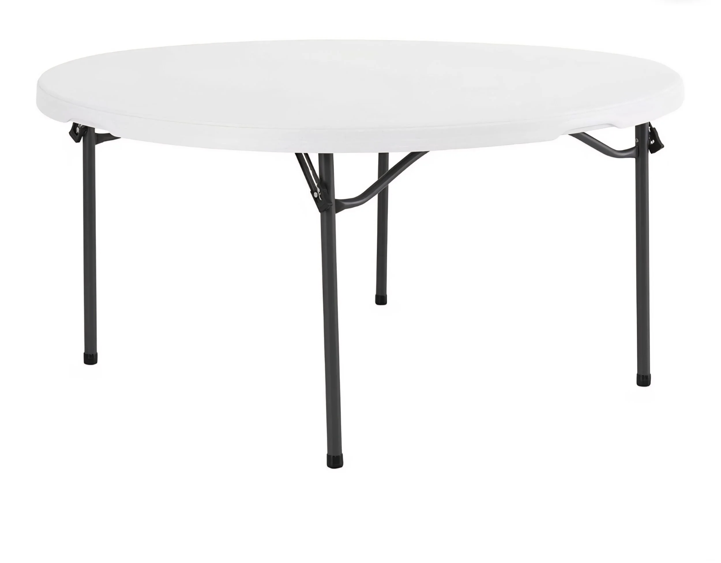 A foldable white table with black metal legs.