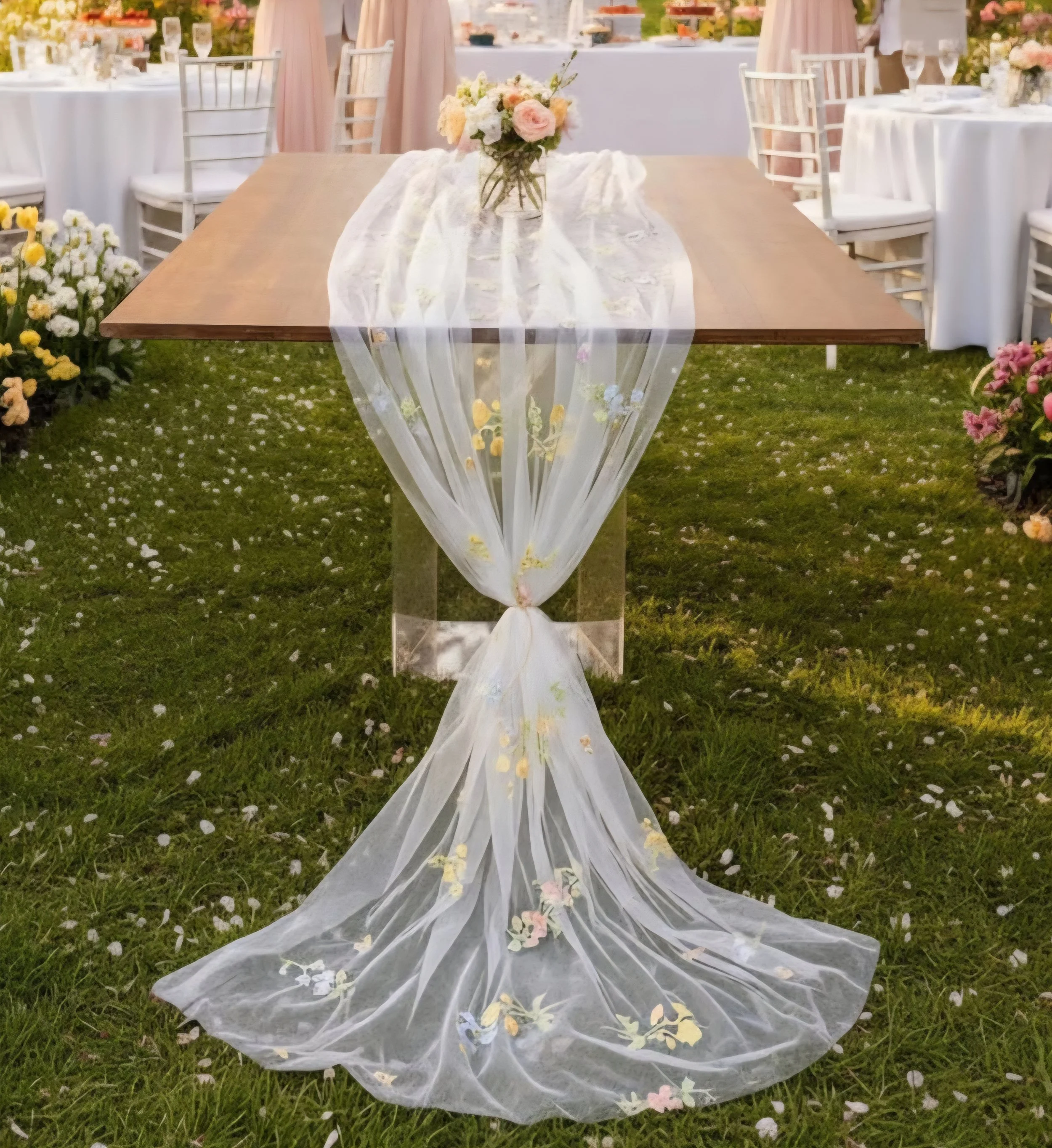 A decorated wedding table with a sheer floral fabric draping from a bouquet of pink and white flowers to the ground, set up on a grassy outdoor area surrounded by other tables and chairs.