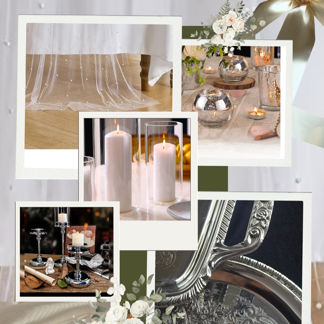 Collage of elegant table decorations including candles, floral arrangements, silverware, and a chandelier, suggesting a formal or wedding event.