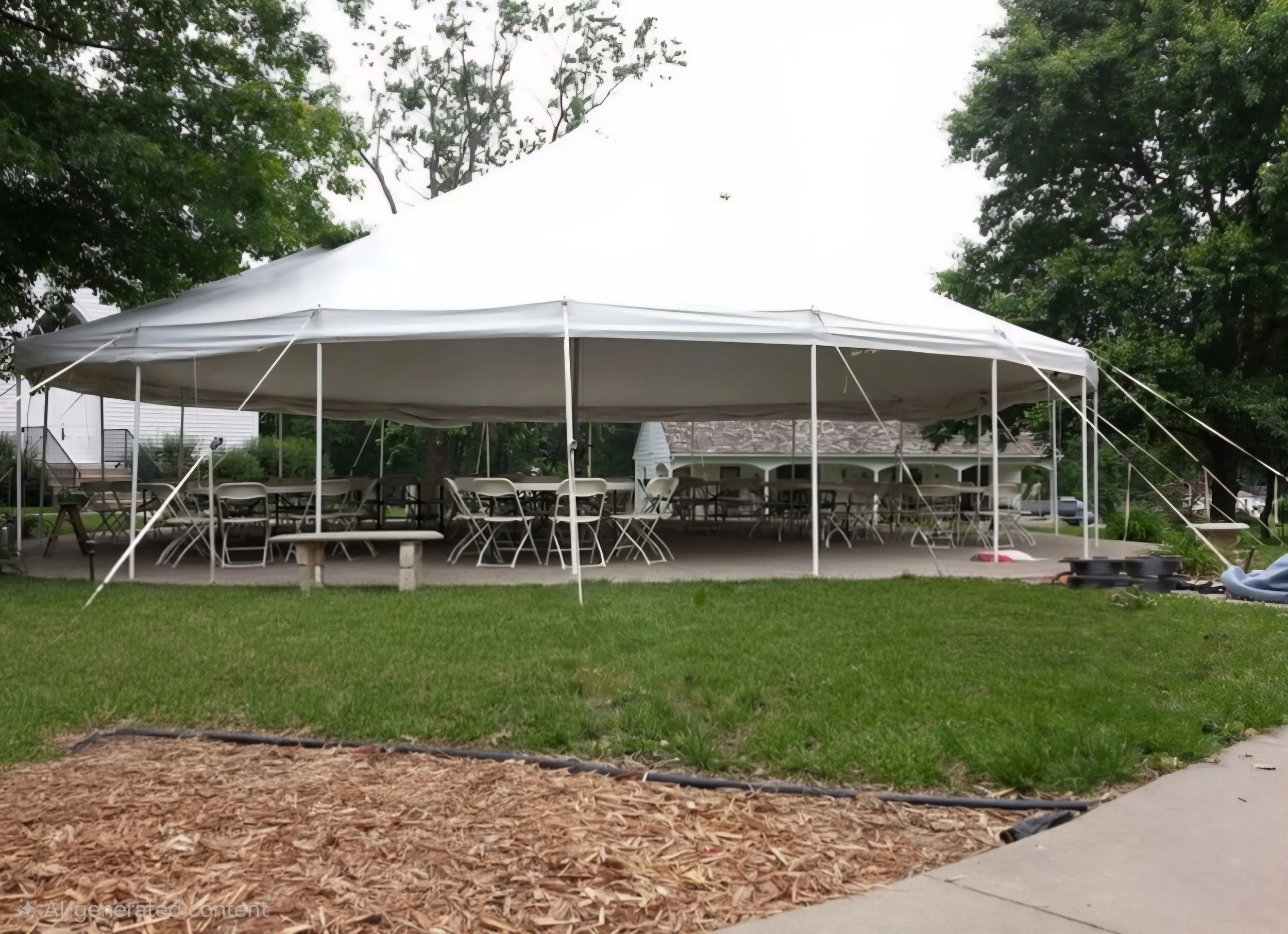 A large outdoor event tent with a white canopy set up on a grassy area, surrounding tables and chairs underneath, with trees and a building in the background.