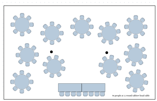Diagram of a 30x50 tent setup with 96 people at round tables and a head table.