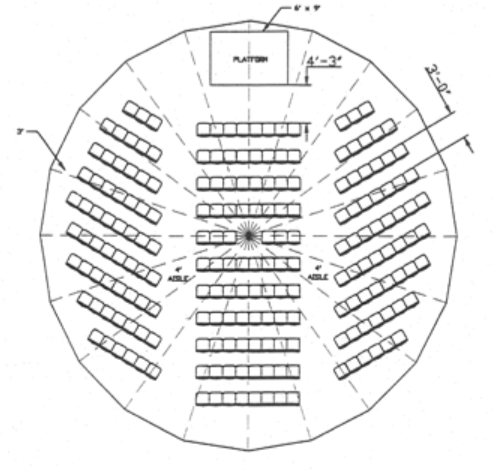 A technical plan of a circular tent with multiple rows of seats.