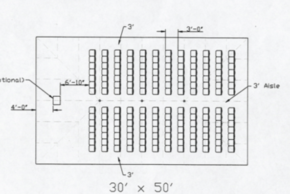 Architectural diagram of a 30 by 50-foot tent with evenly spaced tables and a 3-foot aisle.