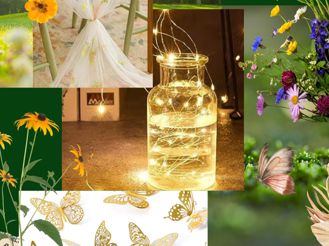 A collage of floral and nature-themed images, including flowers, butterflies, sparkles, and a jar of fairy lights.
