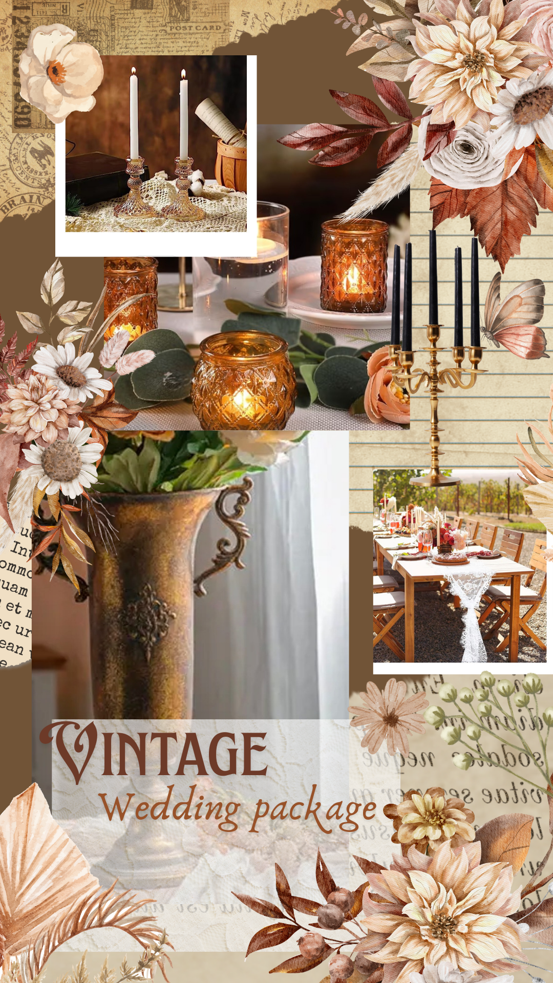 A collage with vintage wedding decor, including candles, flowers, a chandelier, a table setting outdoors, and decorative elements in warm, muted tones.