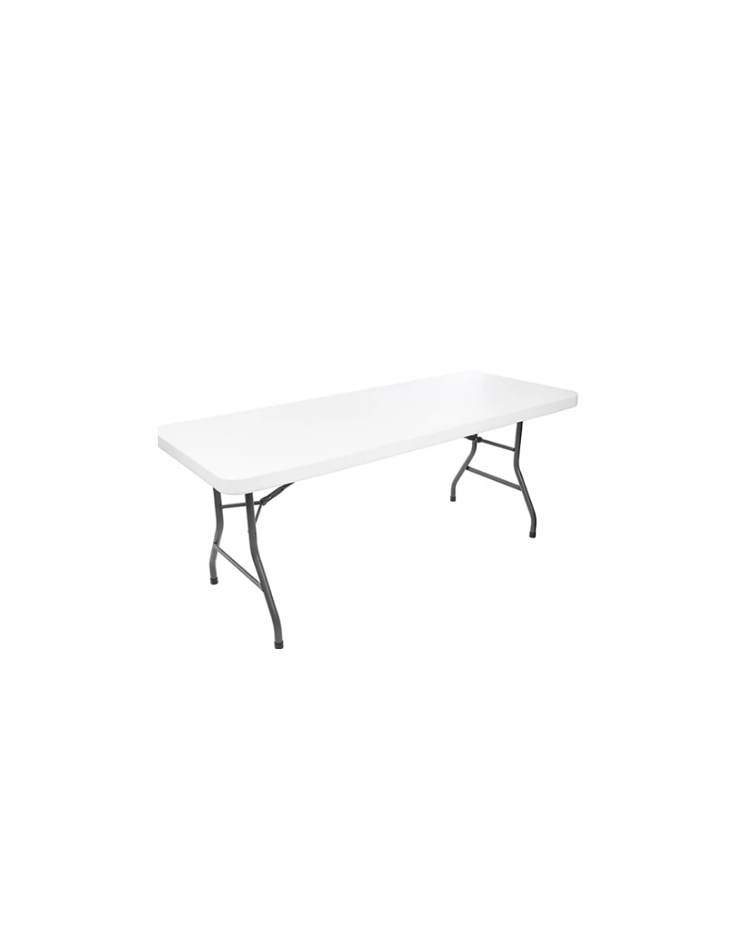 White folding table with black metal legs.