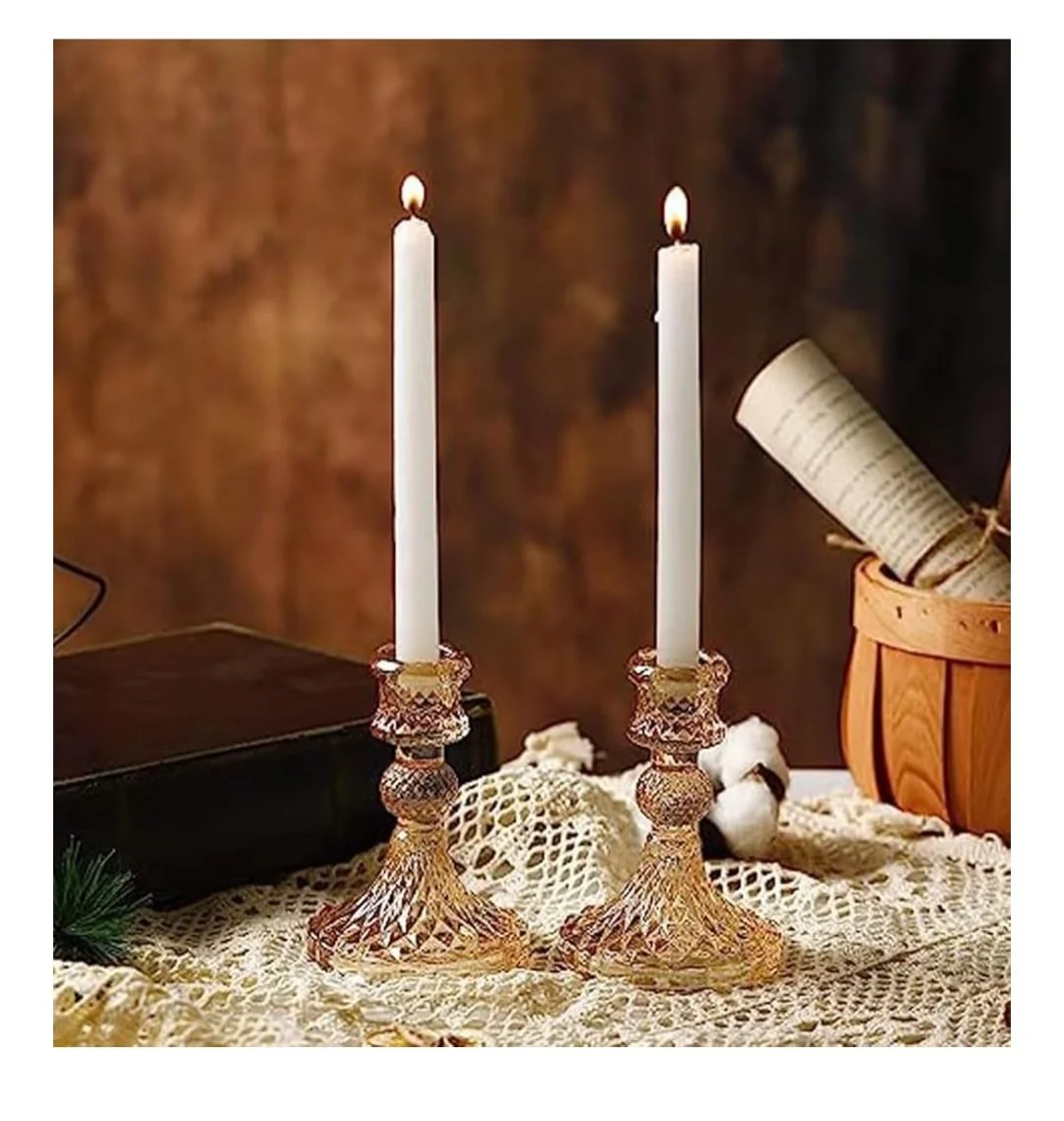 Amber glass candlestick holders