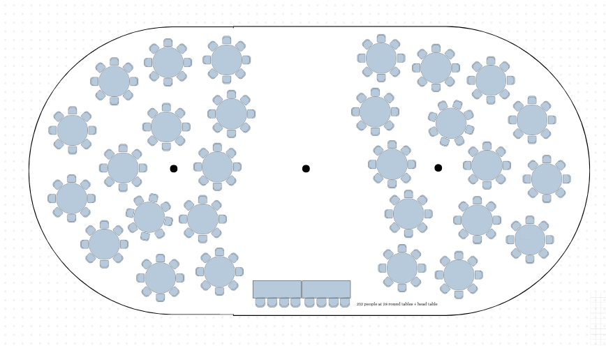 A diagram of a large circular tent with 22 groups of 60 inch round tables.
