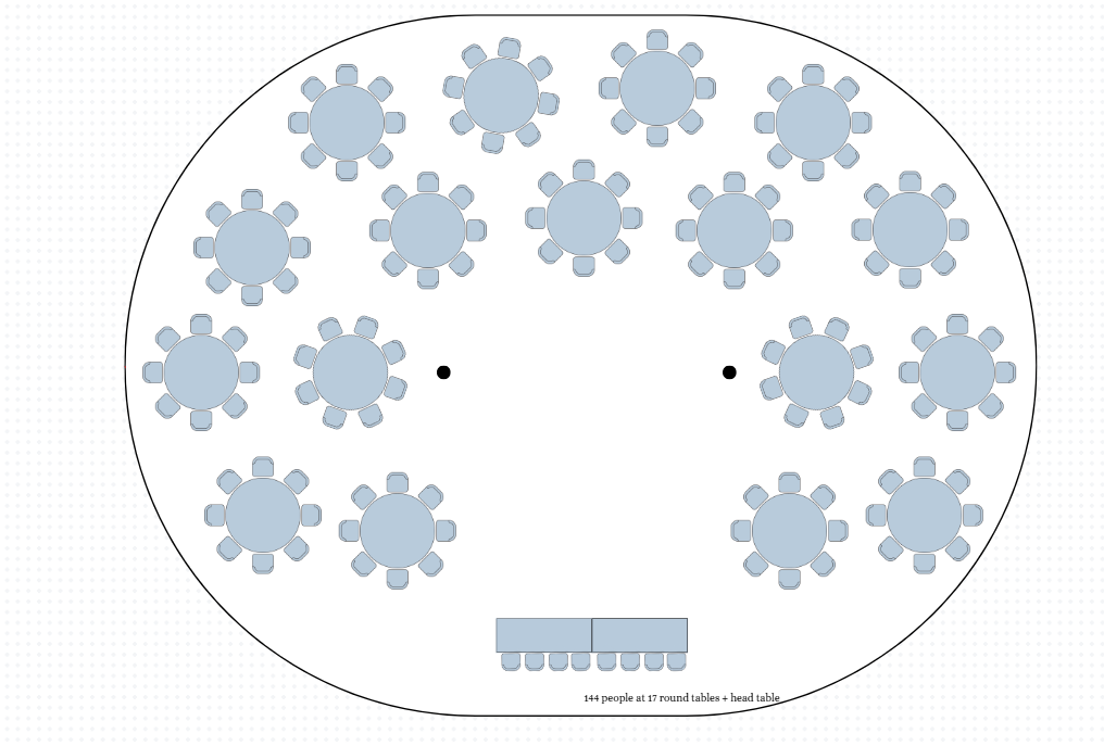 Tent arrangement of multiple round tables with chairs, a head table at the front, indicating a seating plan for 144 people at an event.