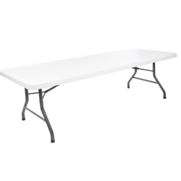 White folding table with black metal legs.