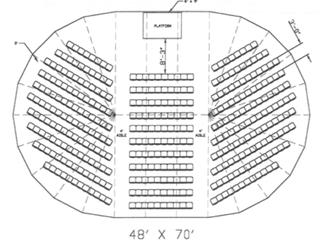 Blueprint of a tent arrangement with a central platform, aisles on either side, and multiple rows of seats.