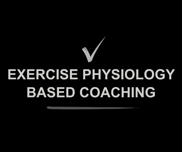 Black background with white text reading "Exercise Physiology Based Coaching" and a checkmark above the text.