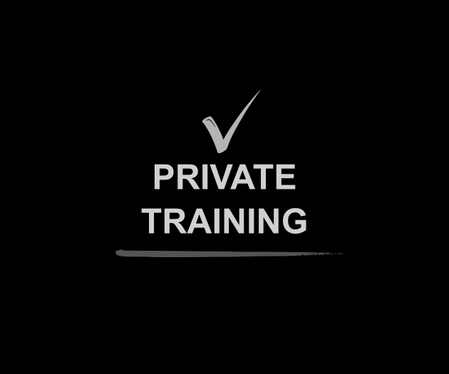 Black background with a checkmark above the words "Private Training" in gray text