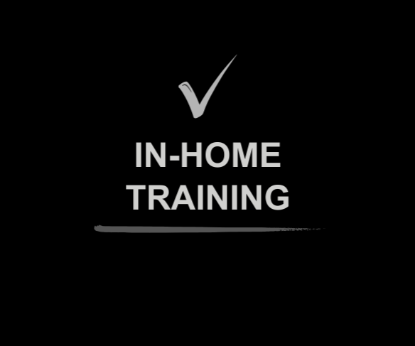 A graphic with a checkmark and the text "In-Home Training" on a black background.