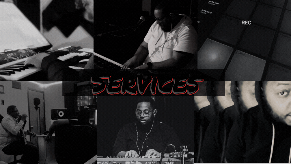 Collage of four people using musical equipment and computers, with one person recording in a studio, all in black and white, with the word 'SERVICES' in red text across the center.