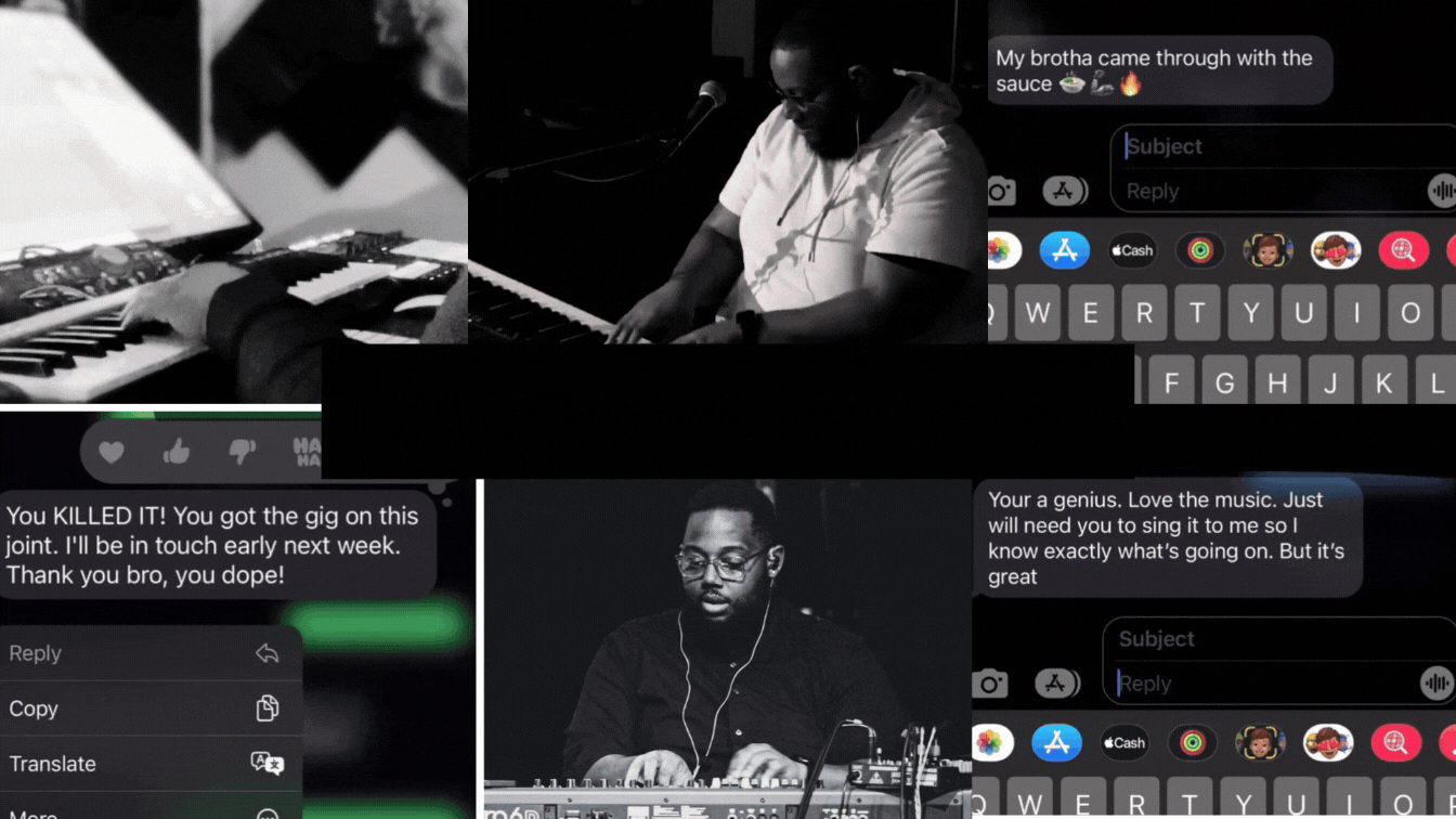 Screenshots of two male musicians performing and sharing messages about their music, with close-up of a keyboard and a man playing it, and another man DJing, with text messages praising their talent.