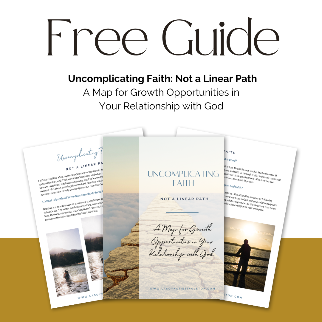 Cover page of a free guide titled "Uncomplicating Faith: Not a Linear Path" featuring a crosswalk over clouds and a quote, with two other pages of the guide overlapping behind it.