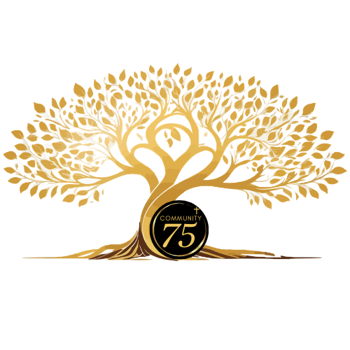 A stylized gold tree with a black and gold badge at the base that reads 'Community +75'.