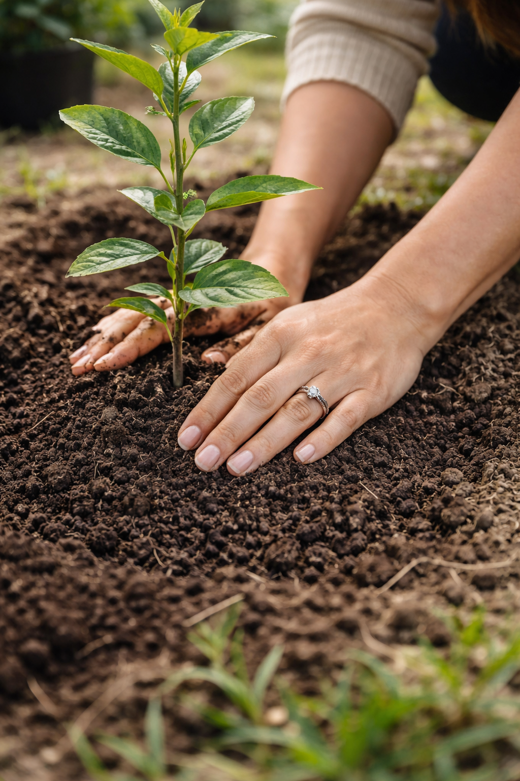 Person planting a small green seedling in dark soil, wearing a wedding ring on their left hand.