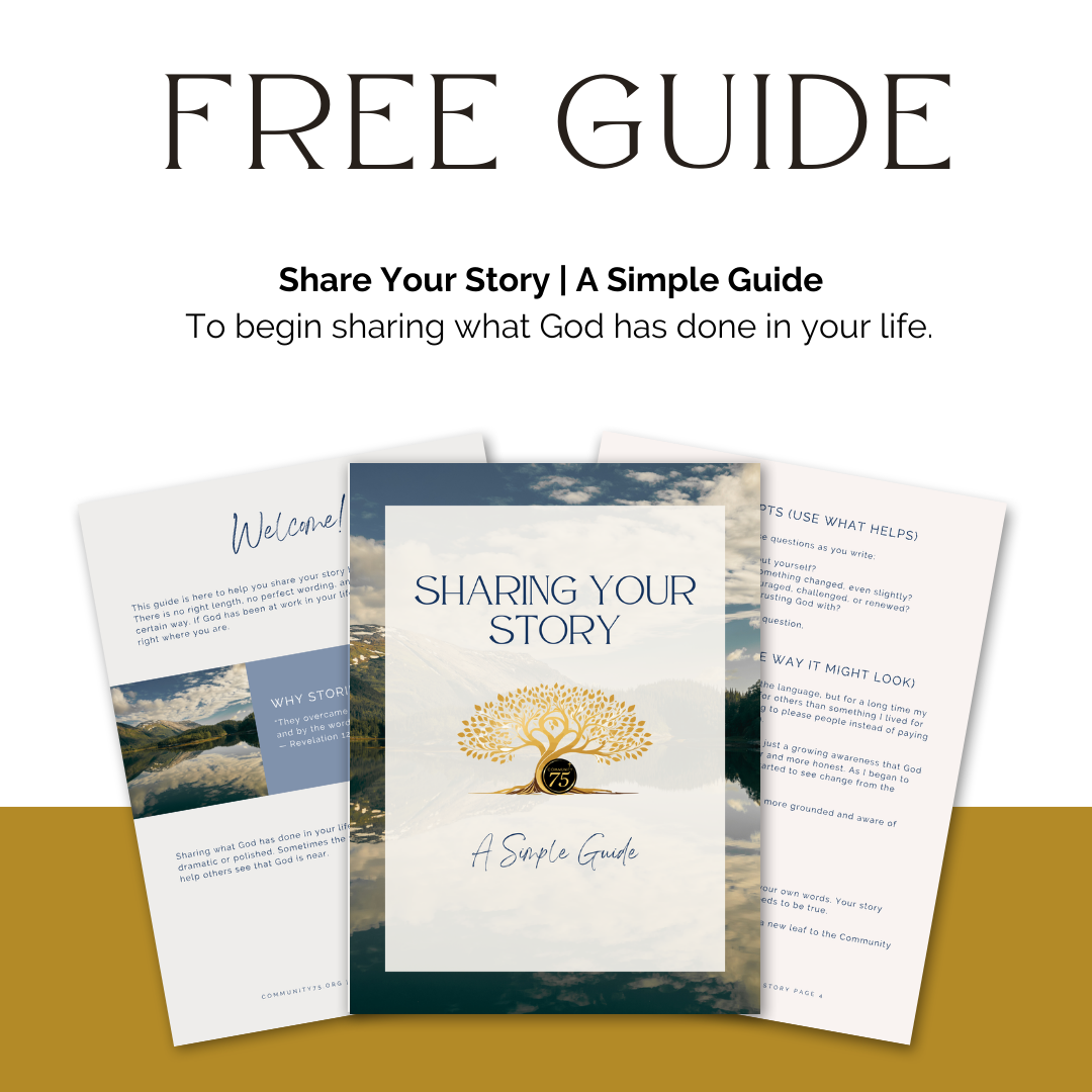 Cover page of a free guide titled 'Sharing Your Story'. The cover features a landscape with a cloudy sky and mountains, with a graphic of a tree and a gold medallion at the base. Inside pages are partially visible, showing text and images related to sharing personal stories.