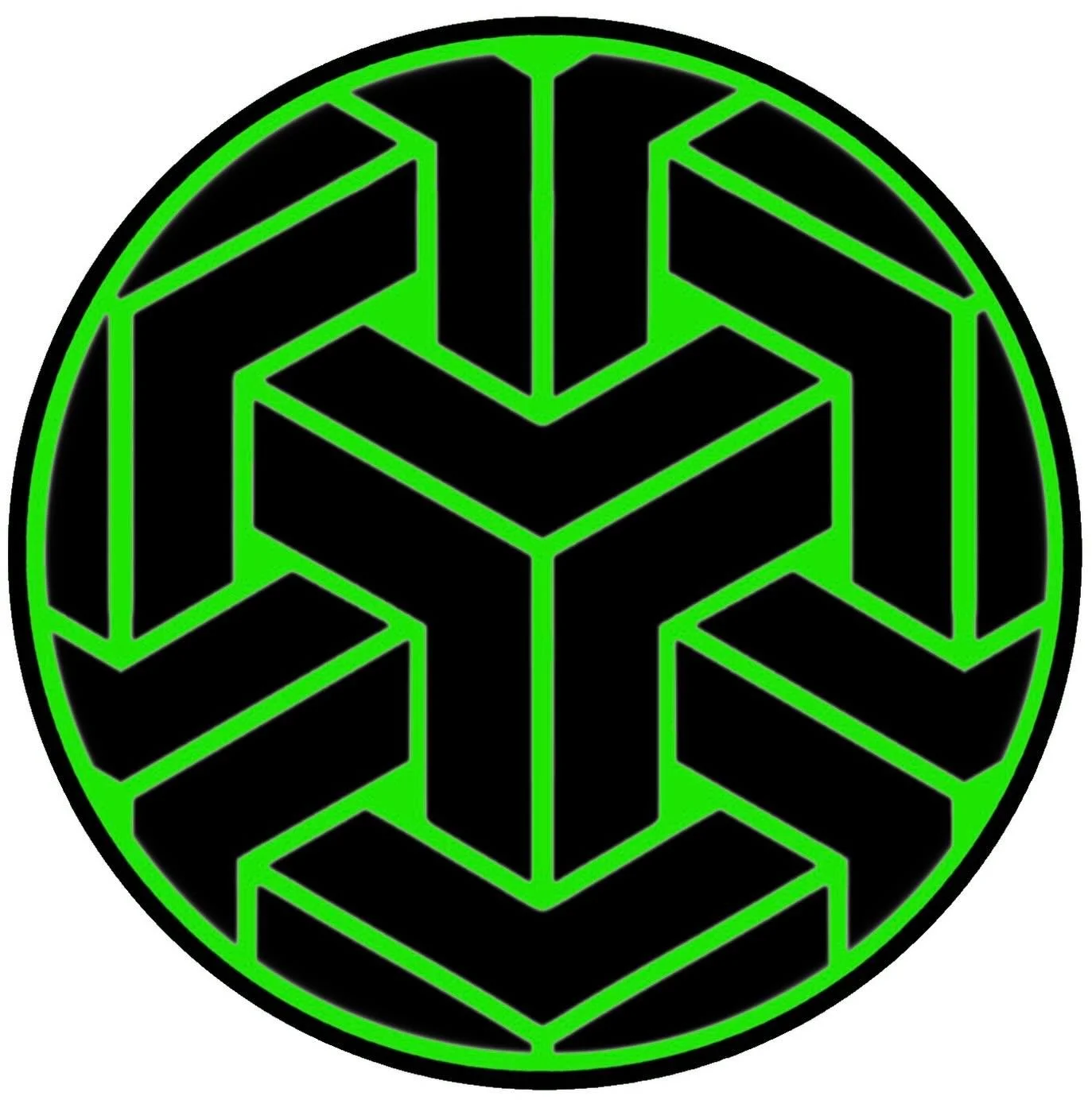 A circular logo with a black maze-like pattern outlined in green, forming an abstract geometric design.