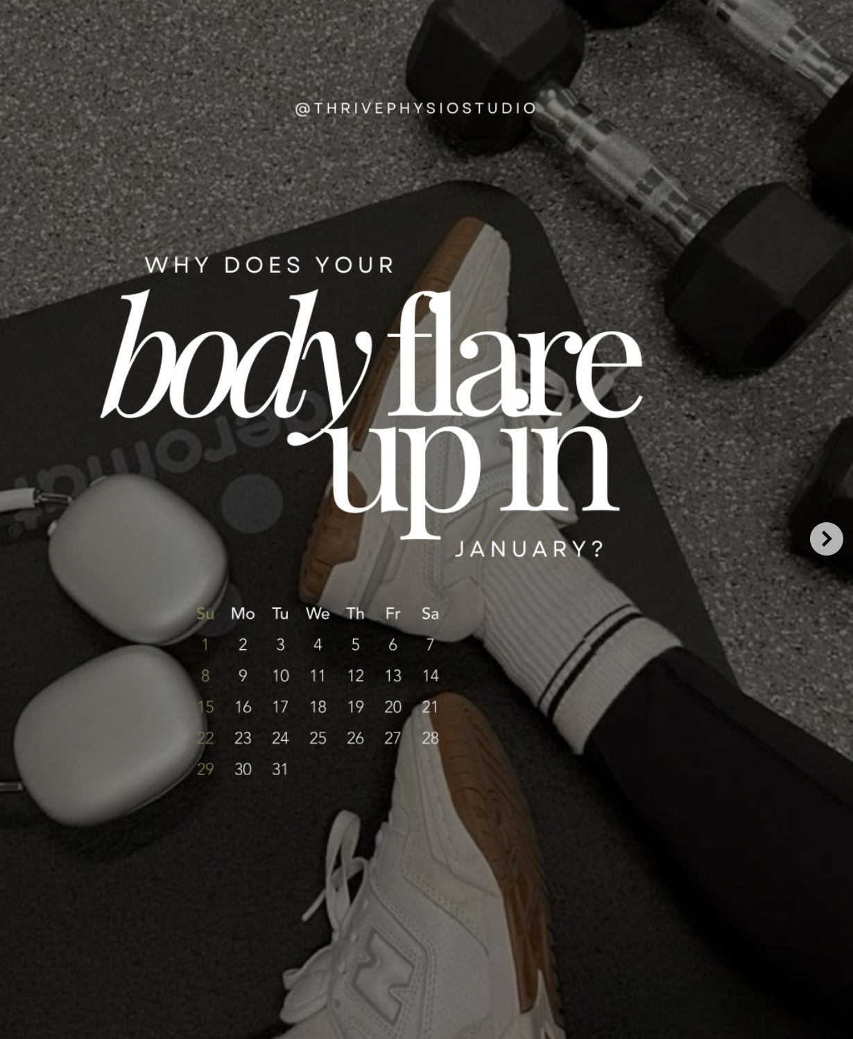 Workout gym scene with dumbbells, white sneakers, wireless earbuds case, and a person wearing striped socks resting on a black exercise mat.