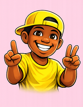 Cartoon of a smiling boy wearing a yellow cap backwards and a yellow t-shirt, making peace signs with both hands, against a pink background.