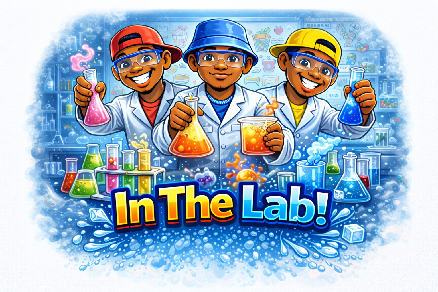 Three children in lab coats and safety goggles holding colorful flasks and beakers, surrounded by experiment equipment and colorful liquids, with the text "In The Lab!" at the bottom.
