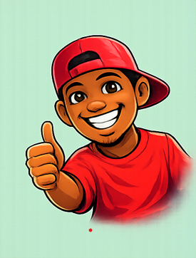 Cartoon boy wearing a red cap backwards and red shirt giving a thumbs up.