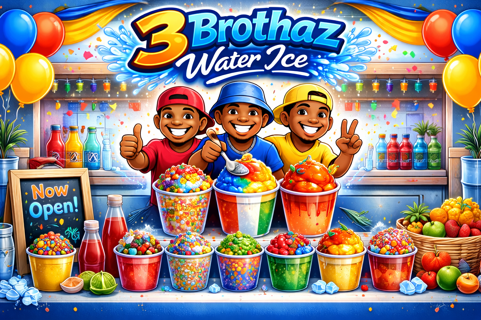 Three children at a water ice stand with colorful cups filled with snow cones and toppings, surrounded by balloons, bottles, and fruits, celebrating a soft Launch.