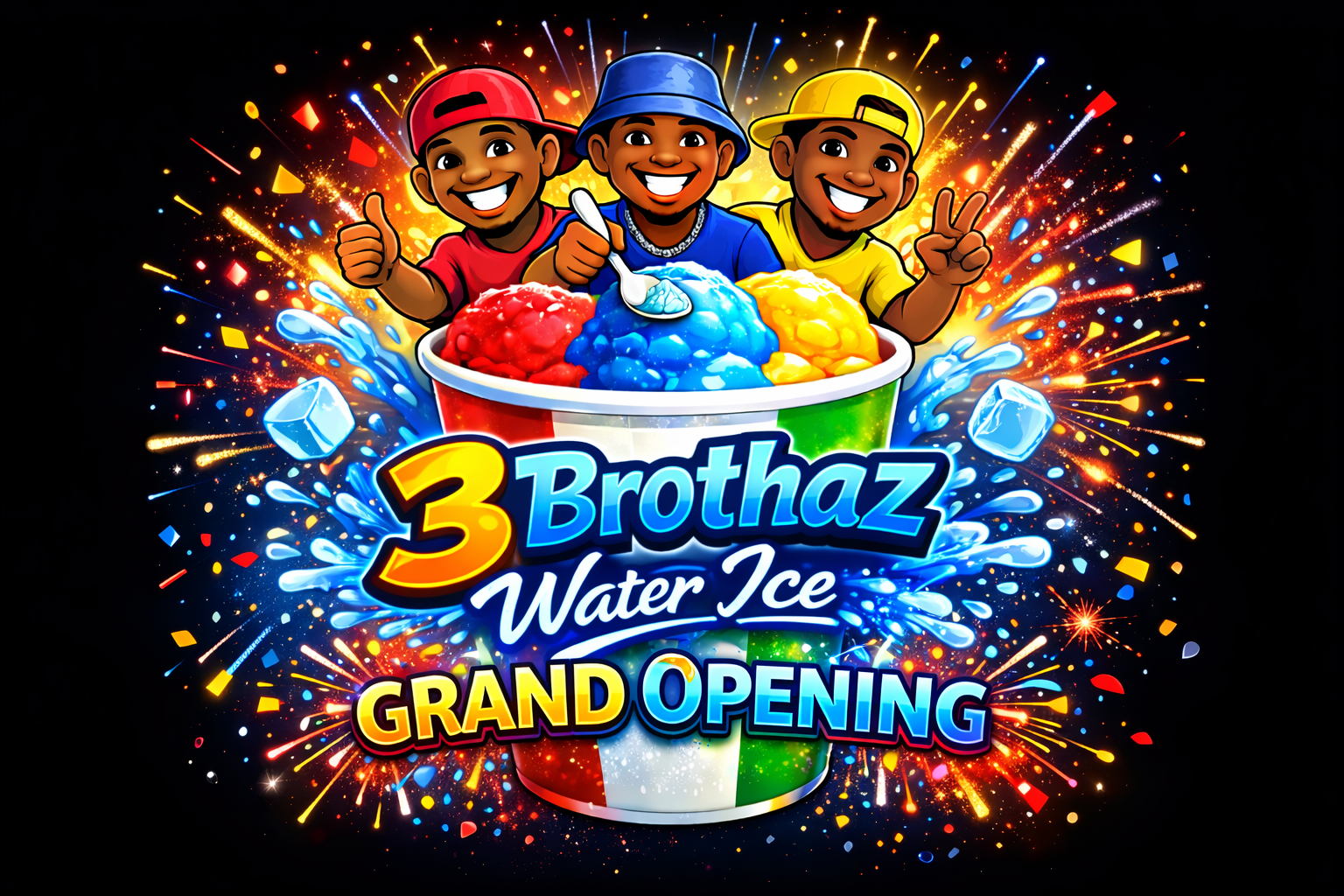 Three smiling children wearing colorful caps and t-shirts celebrate around a large bucket of red, blue, and yellow ice with a splash effect and fireworks in the background, announcing the grand opening of Brothaz Water Ice.