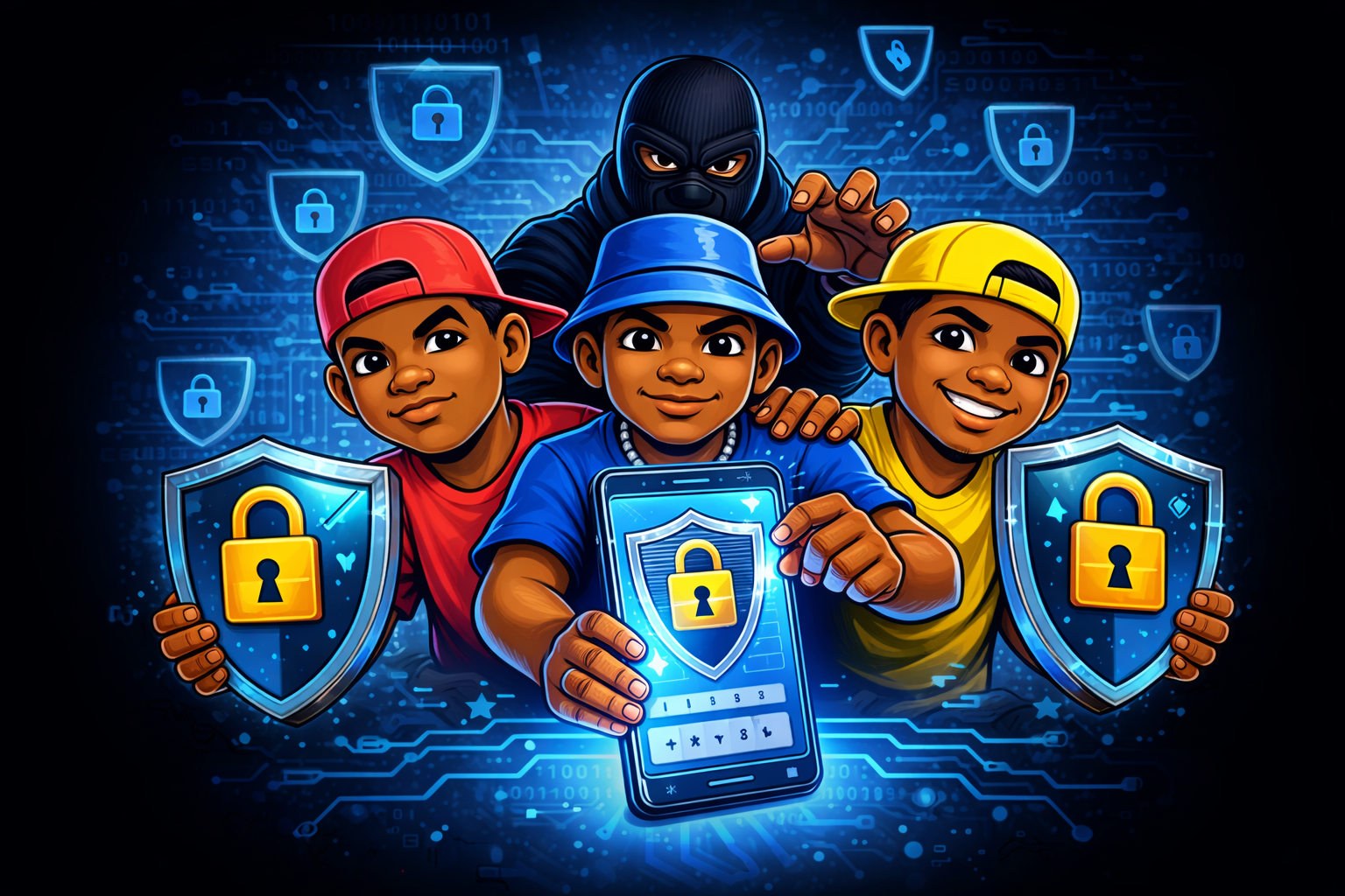 Digital illustration of three kids in colorful clothing holding shields with padlock symbols, with a dark digital background and a sneaky person in black behind them, representing cybersecurity and online privacy.