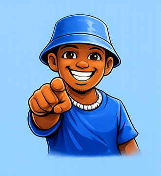 A smiling young boy wearing a blue bucket hat and blue shirt pointing directly at the camera.