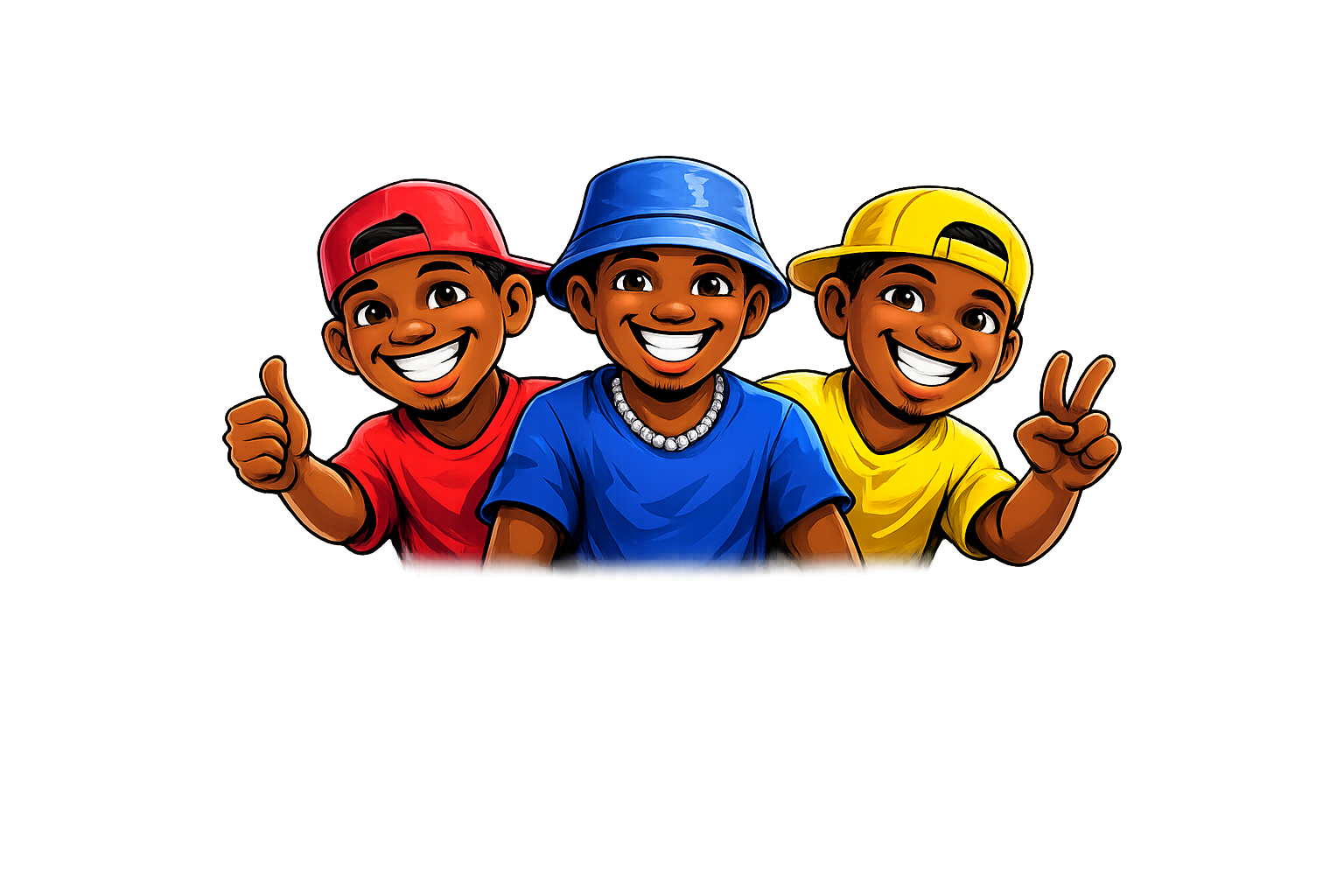 Three smiling boys wearing colorful caps and t-shirts, making thumbs-up and peace signs.