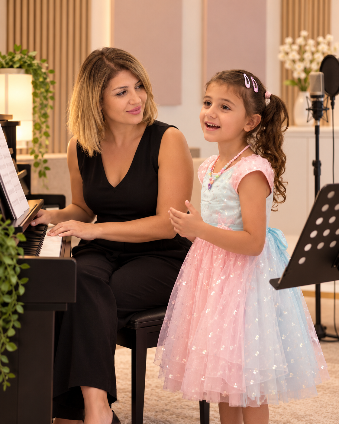 A young girl is singing while her vocal coach accompanies her on the piano during a one-on-one lesson.