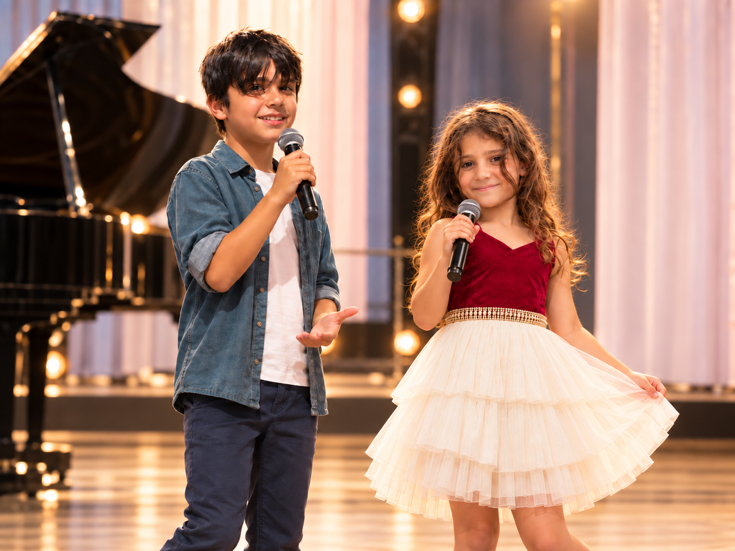 A young boy and girl are singing into microphones on stage at a Sweet Bunnies Performing Arts Academy performance.