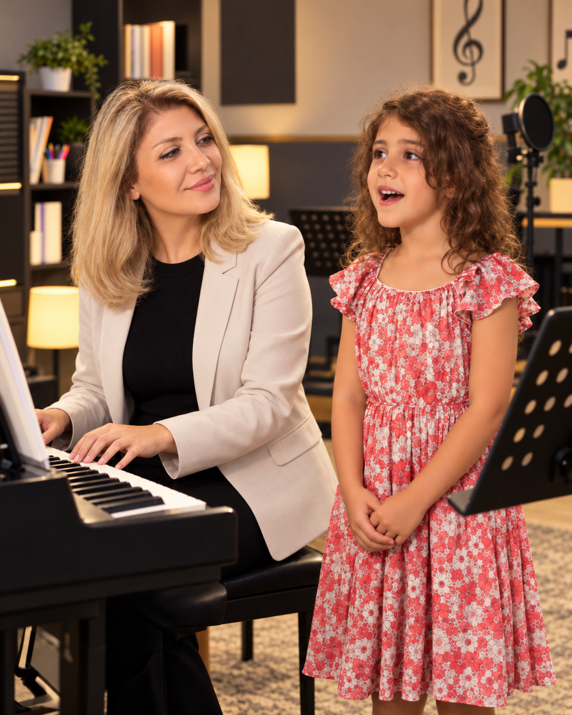 A vocal coach is rehearsing with a group of young singers during a performing arts class.